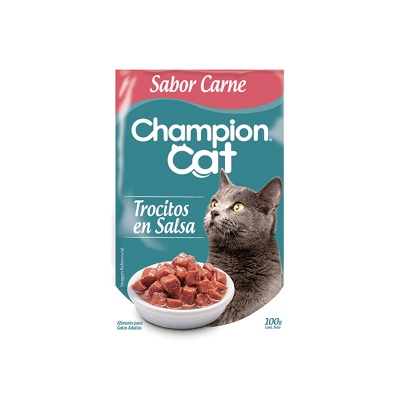 18_6c782a78-0a47-4909-b3a7-108b7ccb7614 Sobre Champion Cat Trocitos en salsa - Carne (100 gr.) - Imagen 1