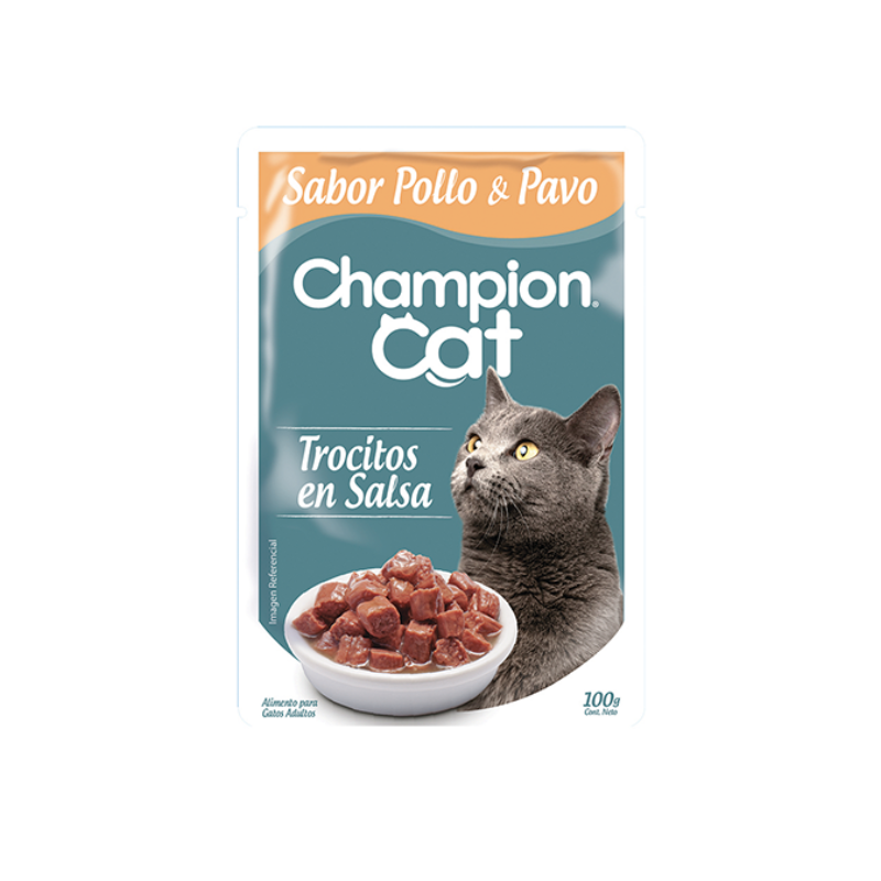 20_fa5ab41b-ae1e-46f5-a443-d839977e4067 Sobre Champion Cat Trocitos en salsa - Pollo y Pavo (100 gr.) - Imagen 1