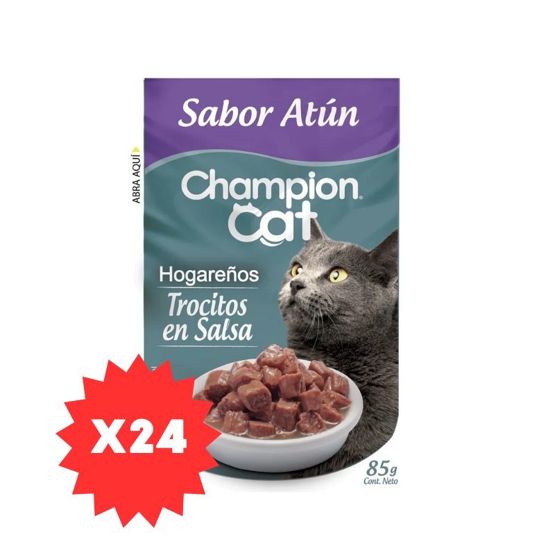 FOTOS SIN FONDO (1) Pack 24 Sobres Champion Cat Trocitos en salsa Hogareños - Atún - Imagen 1