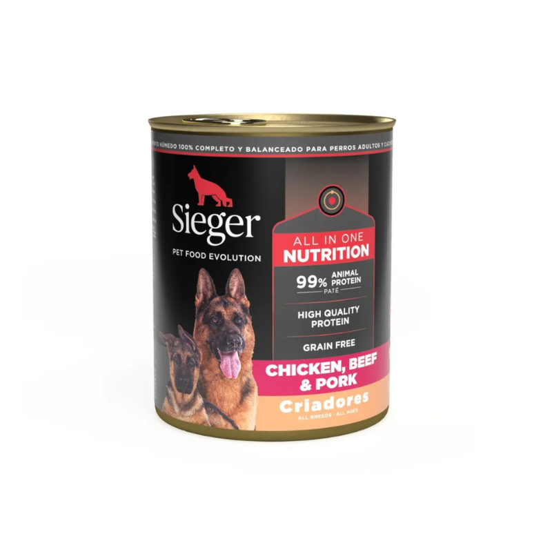 FOTOS SIN FONDO (6) Lata Sieger para perros - Pollo, carne y cerdo 340 gr. - Imagen 1