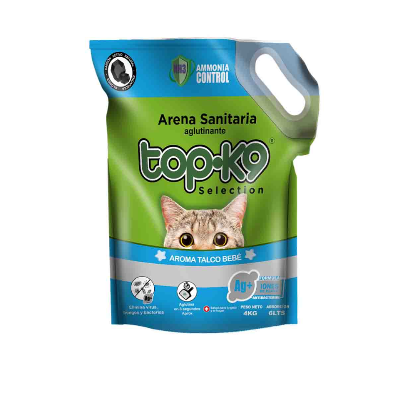 FOTOS SIN FONDO (1) Arena sanitaria TopK9 aglutinante talco de bebé 4 Kg. - Imagen 1