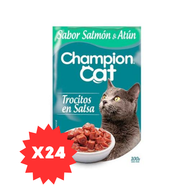 FOTOS SIN FONDO (10) Pack 24 Sobres Champion Cat Trocitos en salsa - Atún y Salmón - Imagen 1