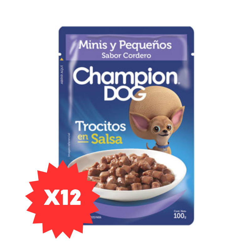 FOTOS SIN FONDO (2) Pack 12 sobres Champion Dog Trocitos en Salsa Adultos Minis & Pequeños - Cordero - Imagen 1
