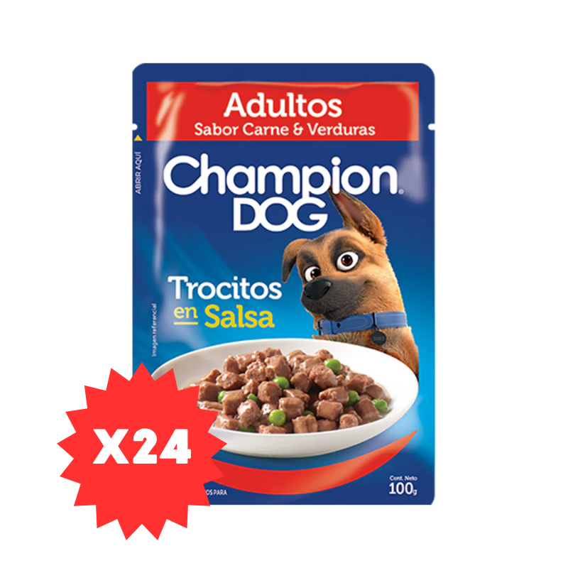 FOTOS SIN FONDO (4) Pack 24 Sobres Champion Dog Trocitos en Salsa Adultos - Carne - Imagen 1