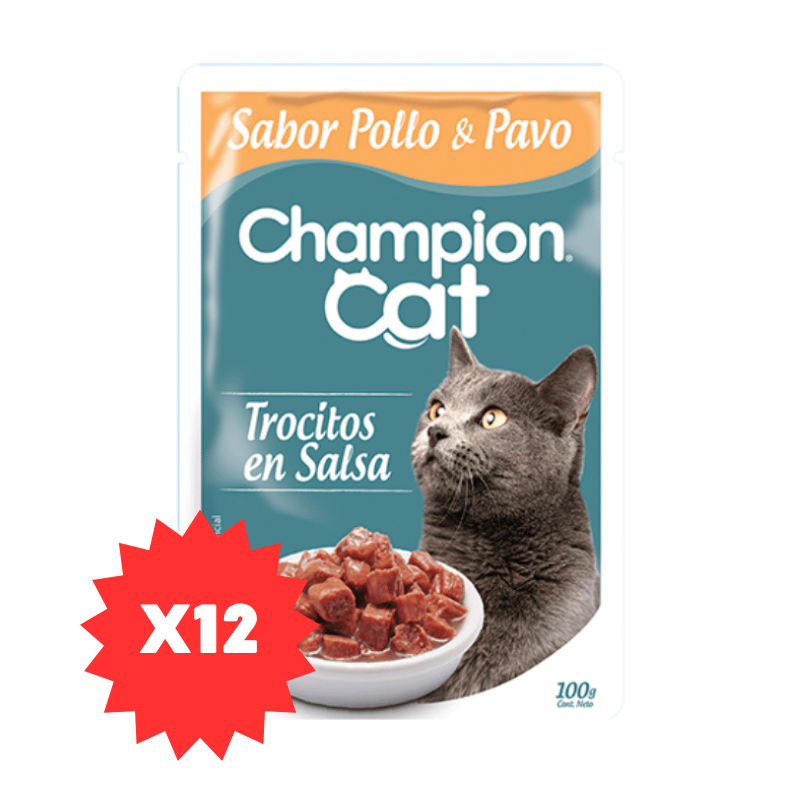FOTOS SIN FONDO (5) Pack 12 Sobres Champion Cat Trocitos en salsa - Pollo y Pavo - Imagen 1