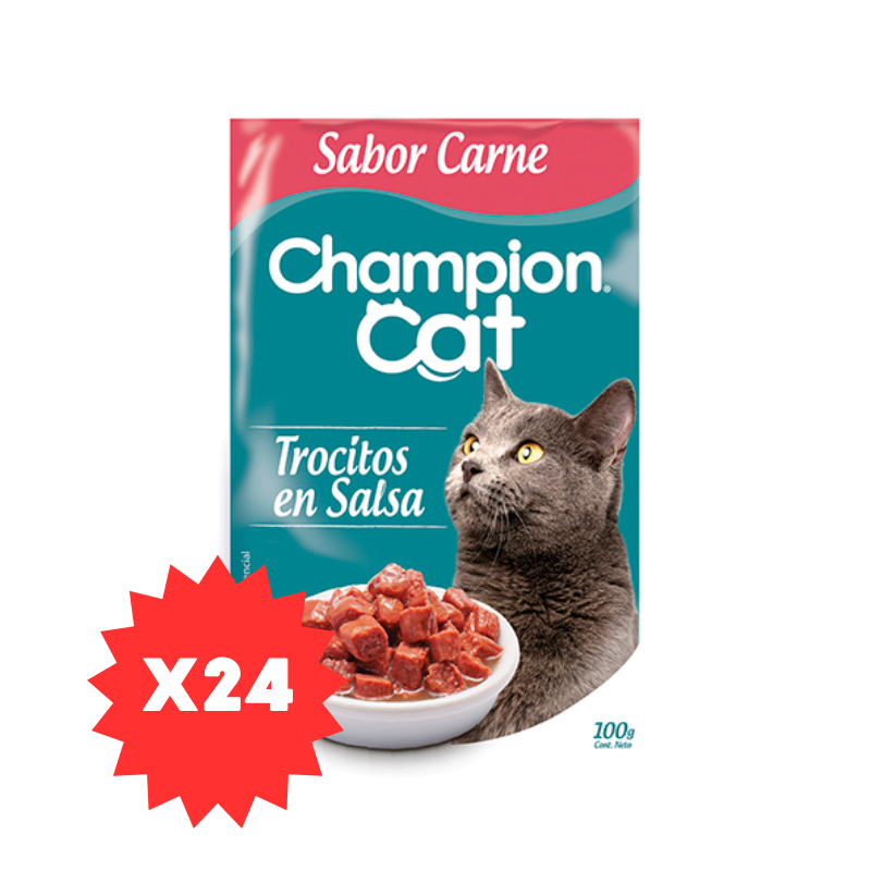 FOTOS SIN FONDO (8) Pack 24 Sobres Champion Cat Trocitos en salsa - Carne - Imagen 1