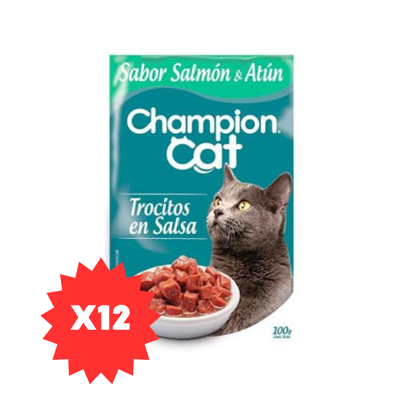 FOTOS SIN FONDO (9) Pack 12 Sobres Champion Cat Trocitos en salsa - Atún y Salmón - Imagen 1